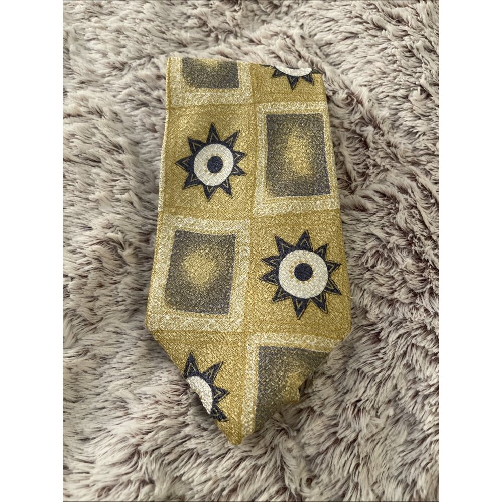 Vtg James B. Fairchild Silk Necktie Tie Geometric Sunburst Gold Navy Gray 4x59"